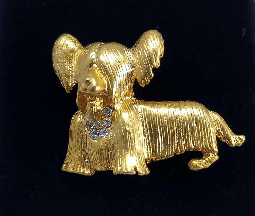 Vintage Gold Plated Yorkie Terrier Dog Brooch with Rhinestone Collar